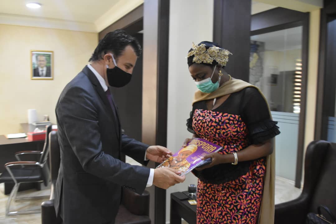 L-R: His Excellency, Amb. Houssam Diab, of the Republic of Lebanon, receives a copy of the Diaspora Quarterly Magazine from the NiDCOM Chairman, Hon. Abike Dabiri-Erewa during a courtesy visit of the Commission to the Lebanese Embassy.