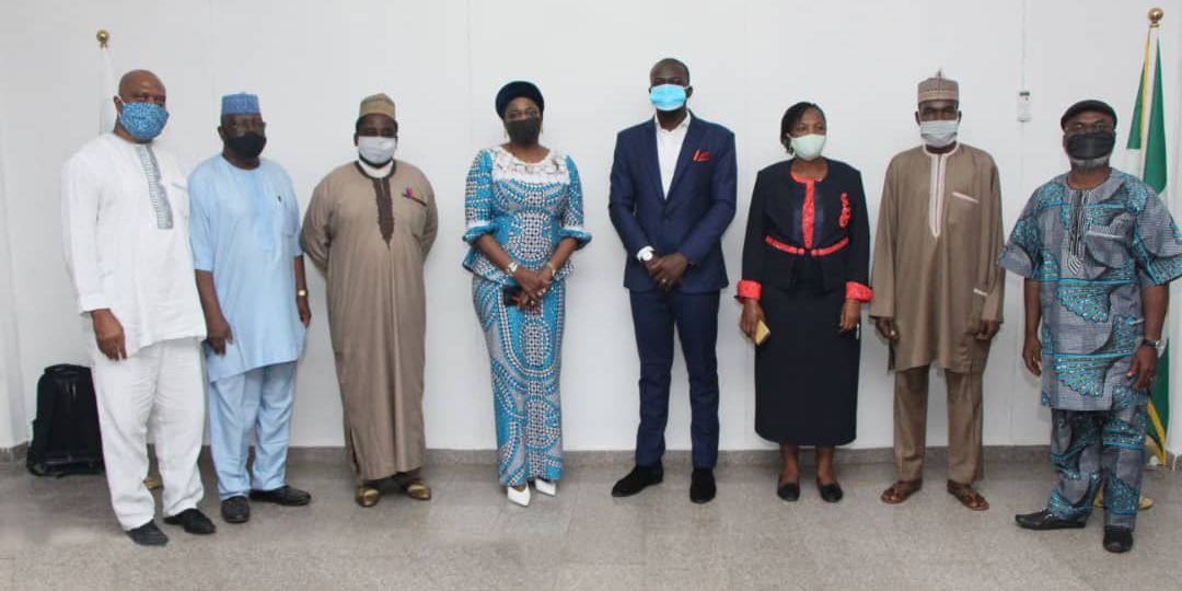 The Chairman/CEO,Nidcom,Hon.Abike Dabiri-Erewa,(R) Dr.Sule Yakubu Bassi,Secretary ,Nidcom.(L)David Idagu, Africa Regional Lead, C.Moore Media and representative of The Africa Channel,at a press Conference ahead of July 25th,2020 National Diaspora Day Celebration held at Nidcom Office,Abuja