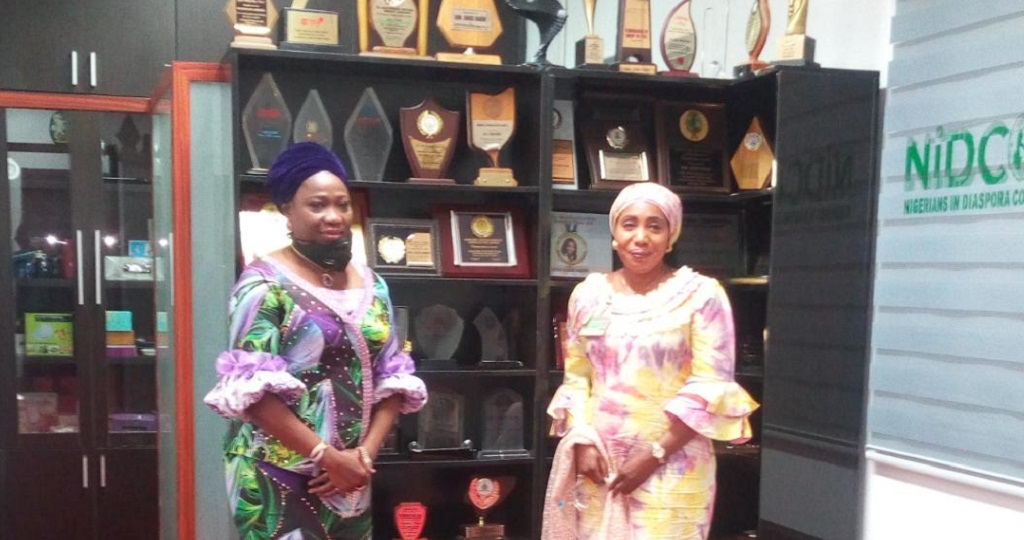 Hon. Abike Dabiri-Erewa Chairman/CEO, Nigerians in Diaspora Commission NIDCOM welcoming the new Diaspora Focal Point Officer of FCT, Mrs Sarah David Areo. NIDCOM Photo.