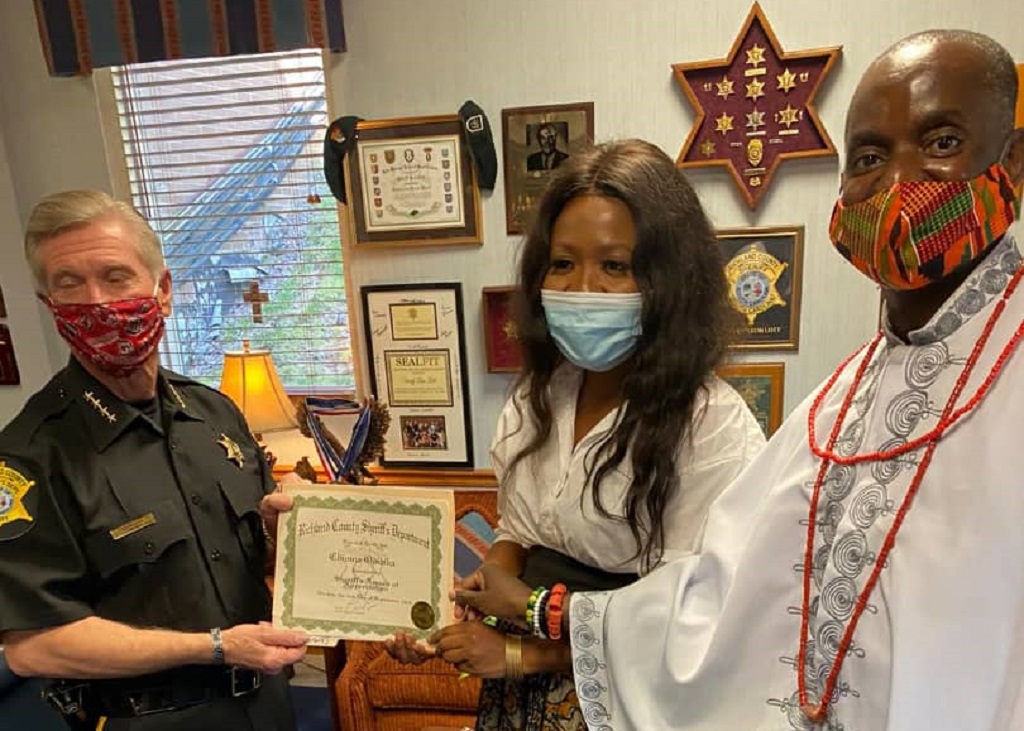 Sheriff Leon Lott of Richland County, Ms. Chioma Odidika and President Tonna Okei of Organization of African Unity SC.