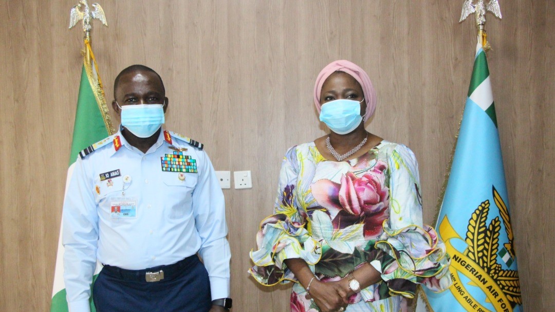 Chief of the Air Staff, Air Marshal Oladayo Amao, (3rd right), Hon Abike Dabiri-Erewa, Chairman/CEO, NIDCOM at Nigerian Airforce Headquarters, Abuja.