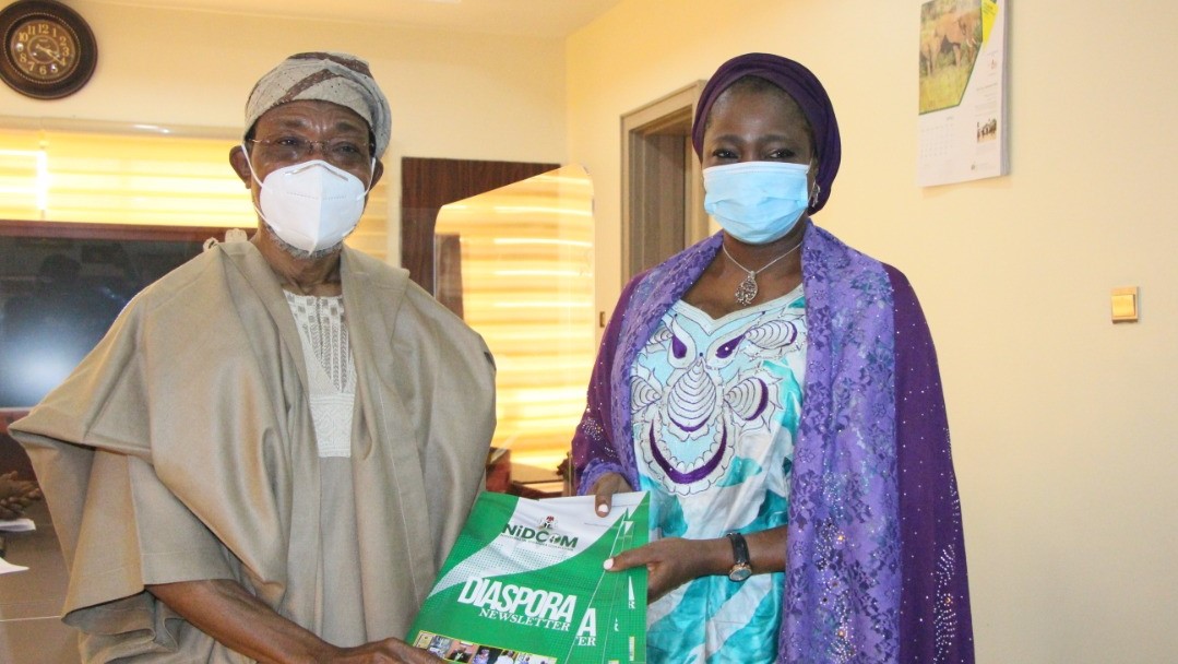 (L-R) Minister of interior Hon. Rauf Aregbesola with Chairman/CEO, Nigerians in Diaspora Commission, Hon. Abike Dabiri-Erewa on her official visit to the Minister of Interior in Abuja.