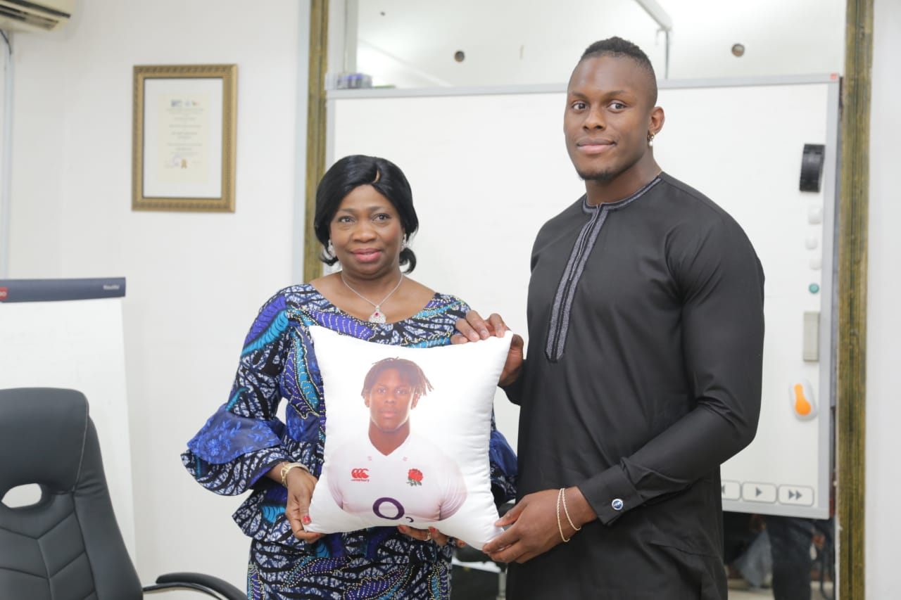 Oghenemaro Miles 'Maro' Itoje, an Award winning Rugby Player in the UK, on Thursday paid a courtesy call on Hon. Abike Dabiri- Erewa, Chairman/CEO, NIDCOM at the NIDCOM LAGOS OFFICE where issues of Sports and contribution to national development topped the agenda. August 12, 2021 #RugbyPlayer. Credit NIDCOM Media Photo.