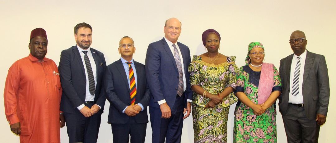 L-R: Engr. Sule Yakubu Bassi, Secretary NiDCOM; Mr. Victor Lutenco, Rep. IOM Lagos; Mr. Zahoor Khan, COO, Africa Medical Centre for Excellence (AMCE); Mr. Brian Deaver, CEO, AMCE; Hon. (Dr) Abike Dabiri-Erewa OON, Chairman/CEO, NiDCOM; Dr. Aisha Umar, CMO AMCE, and Mr. Olusola Babalola, CFO, AMCE at a courtesy call by the AMCE team to NiDCOM in Abuja on Wednesday. NIDCOM MEDIA.