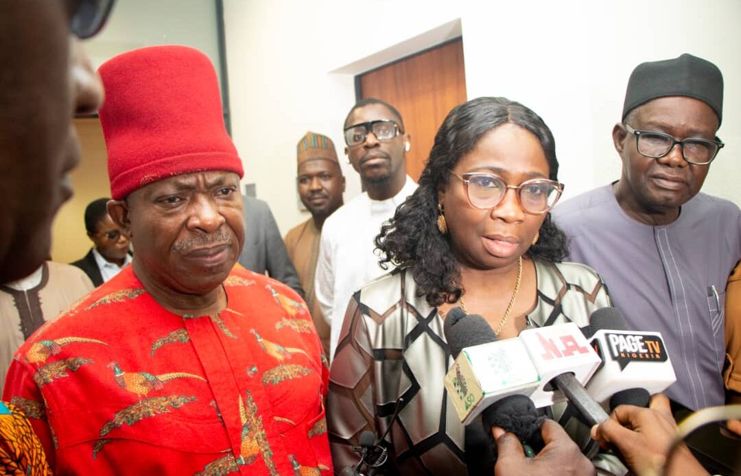 L-R: Sen. Victor Umeh, Senate Committee Chairman on Diaspora Affairs and NGOs,  Hon. Abike Dabiri-Erewa,  Chairman/CEO,  NiDCOM with Hon. Auwalu Abdu Gwalabe,  representing Hon. Tochukwu Okere, House Committee Chairman on Diaspora, at the Joint Committee Meeting on Diaspora for the 2024 Budget Performance Review and presentation of the 2025 Budget Proposal in Abuja.